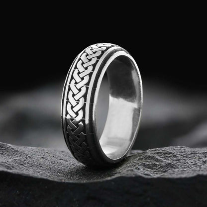 Knit Pattern Cornered 925 Silver Wedding Ring by SWISS PLUS - Sterling Silver Band Rings