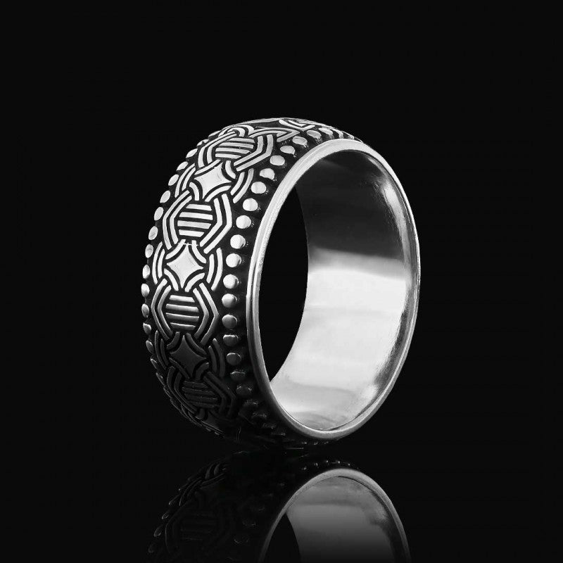 Pattern Embroidered Edges Dotted Silver Wedding Ring by SWISS PLUS - Sterling Silver Band Rings - view 2
