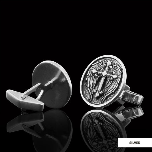 Winged Cross Cufflinks, Christian Jewelry, Gold Plated Cross Cufflinks, Religious Accessory, Crucifix Gift Cufflinks Silver