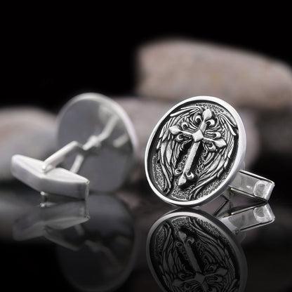 Winged Cross Cufflinks, Christian Jewelry, Gold Plated Cross Cufflinks, Religious Accessory, Crucifix Gift Cufflinks Silver b