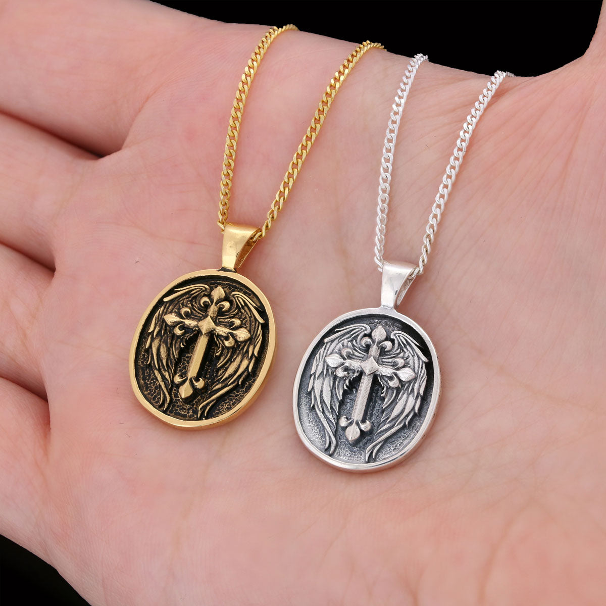 Winged Cross Necklace, Christian Jewelry, Gold Plated Cross Pendant, Religious Accessory, Crucifix Gift Necklace Silver by SW
