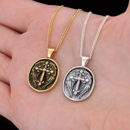Winged Cross Necklace, Christian Jewelry, Gold Plated Cross Pendant, Religious Accessory, Crucifix Gift Necklace by SWISS PLU