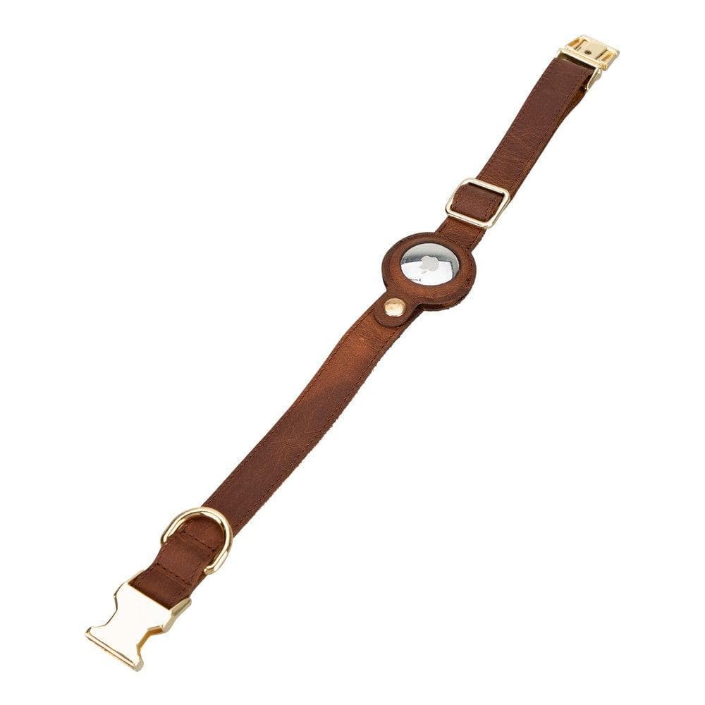 Real Leather Handmade Dog Collar, Apple AirTag Compatible Slot, 50cm Adjustable Size Antic Coffee Bouletta