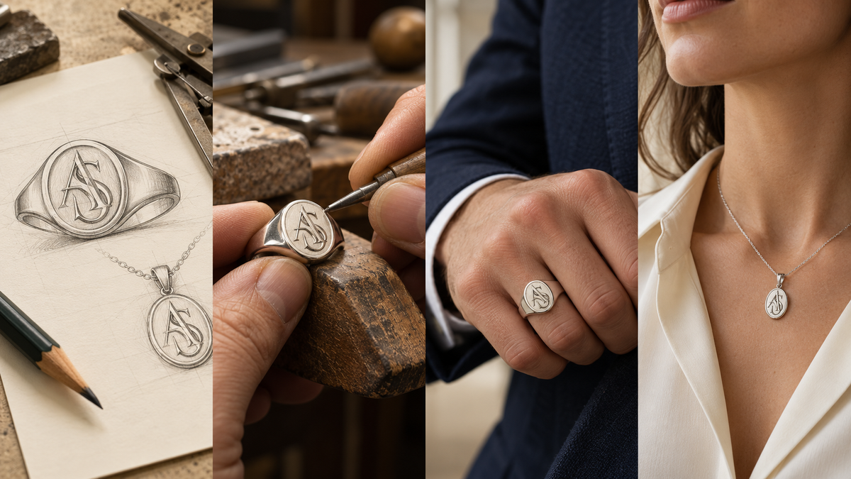 Illustrative bespoke jewellery journey: monogram sketch, silver craftsmanship, signet ring worn on a hand and matching pendant worn on a necklace.